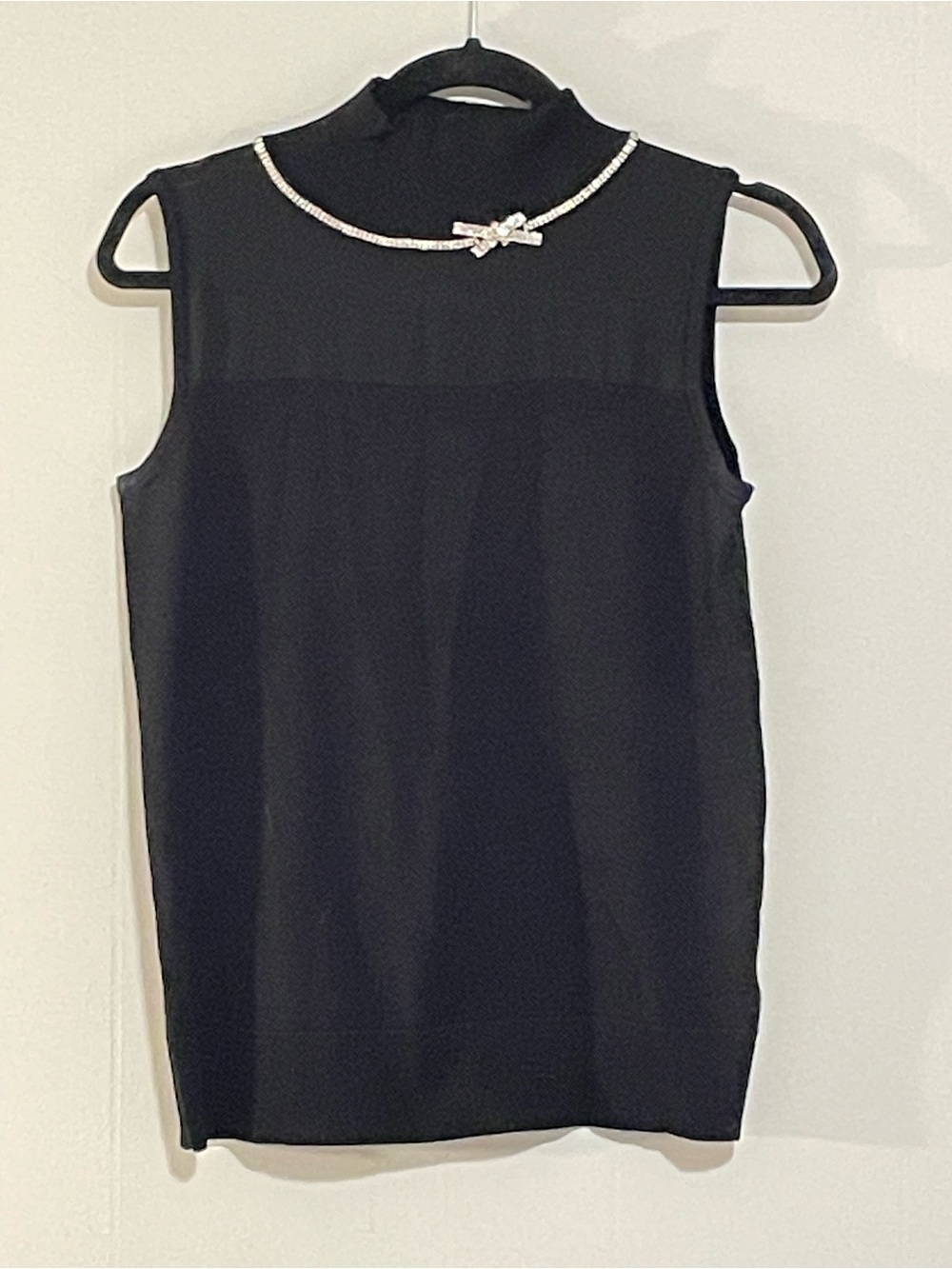 Cable & Gauge Black Sleeveless Mock Neck Crop Top with Rhinestone Accent